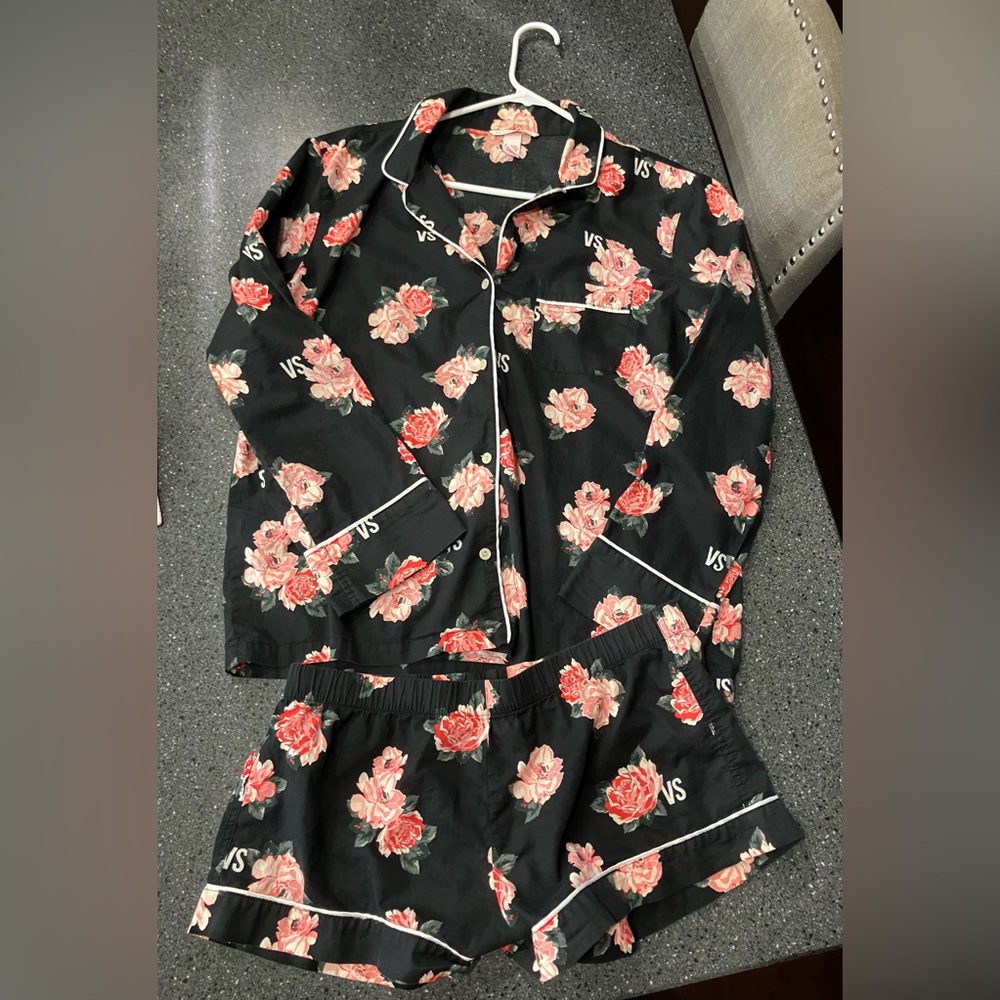 Victoria's Secret Black Floral Top and shorts pajamas.